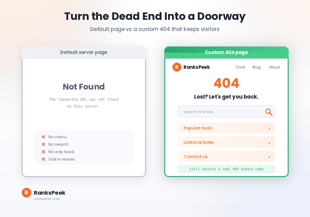 Default 404 page compared with a helpful custom 404 page design