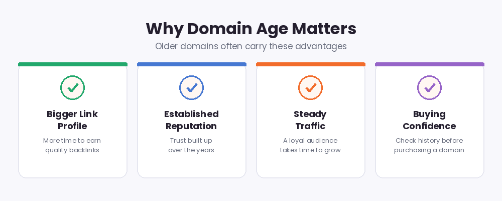 Why domain age matters: bigger link profile, established reputation, steady traffic and buying confidence
