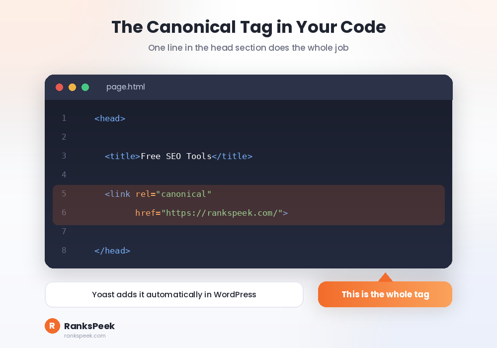 Canonical tag code example showing rel canonical in the head section of a page