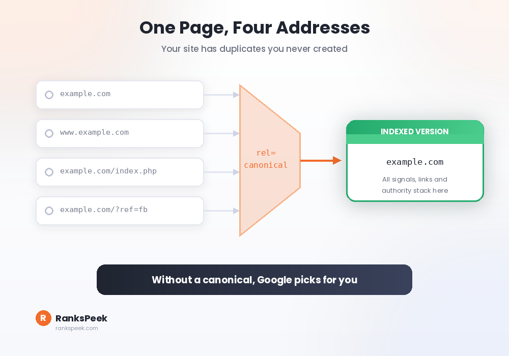 Multiple duplicate URLs funneling into one canonical URL chosen for indexing
