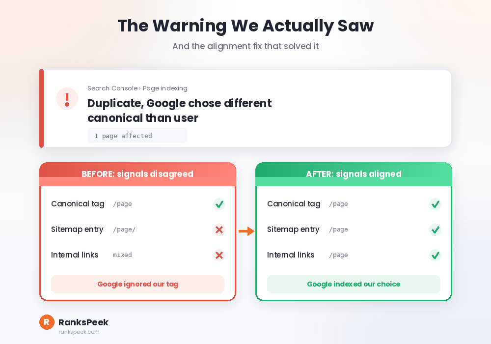 Search Console duplicate canonical warning and the signal alignment fix that resolved it