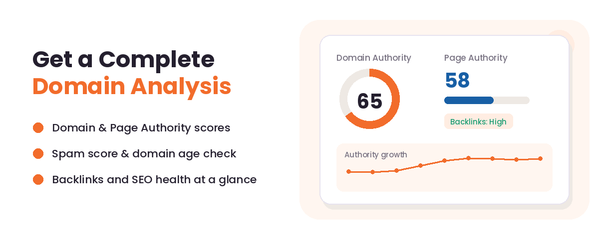 Free domain authority checker dashboard showing DA, PA and backlinks