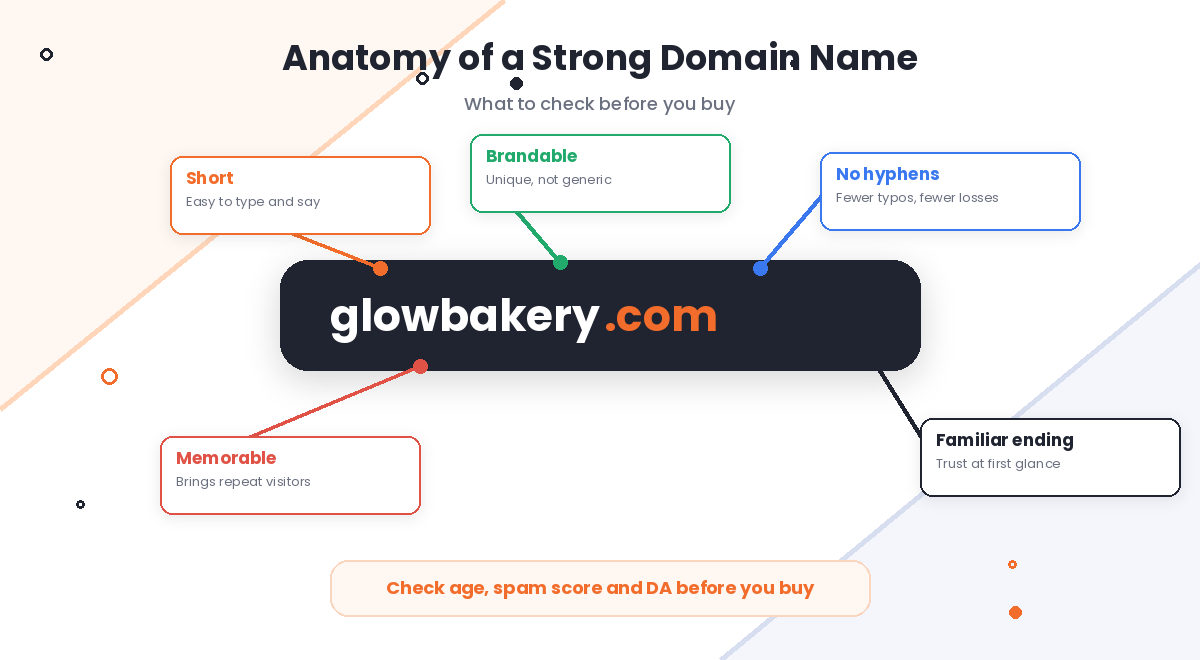 Anatomy of a strong domain name with short brandable and memorable qualities marked