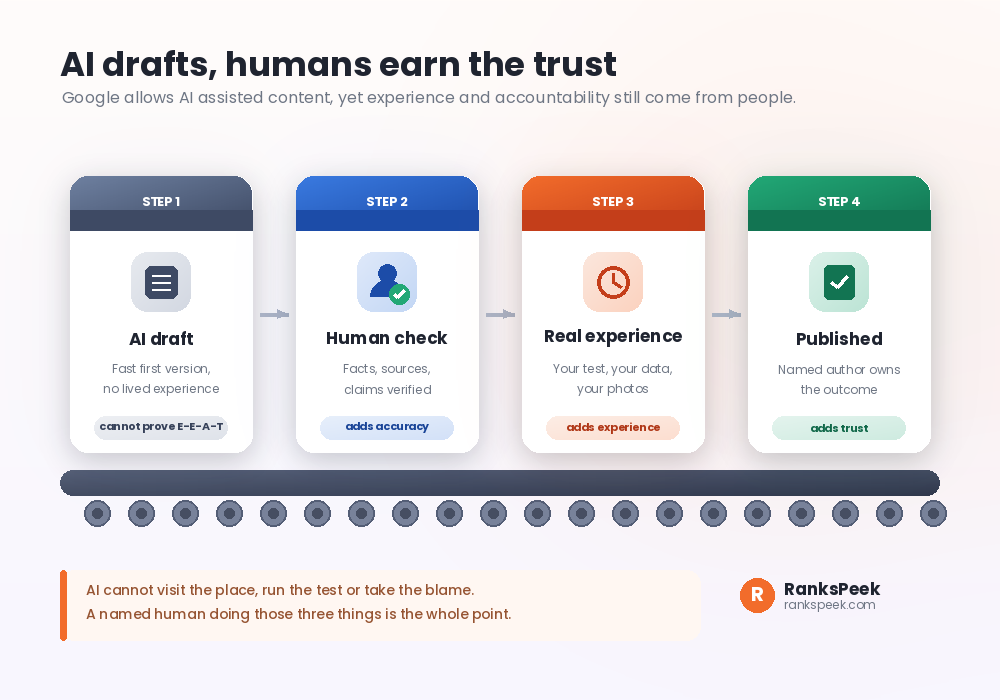 AI draft passing through a human review step before publishing