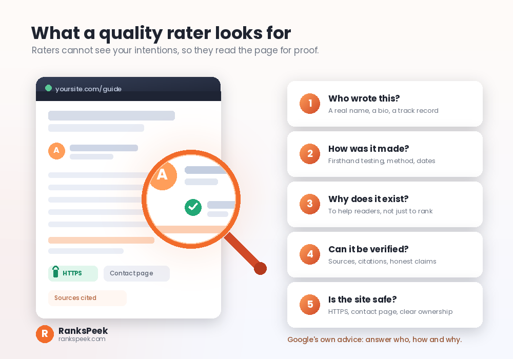 Quality rater checking a page for author details, sources and security signals