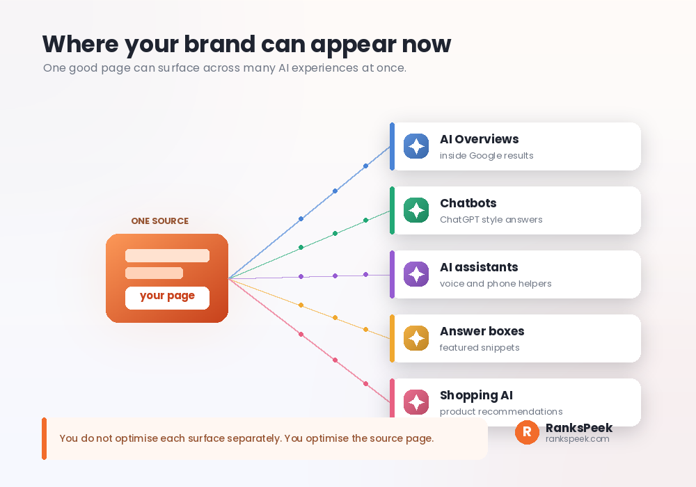One source page appearing across AI Overviews, chatbots, assistants and answer boxes
