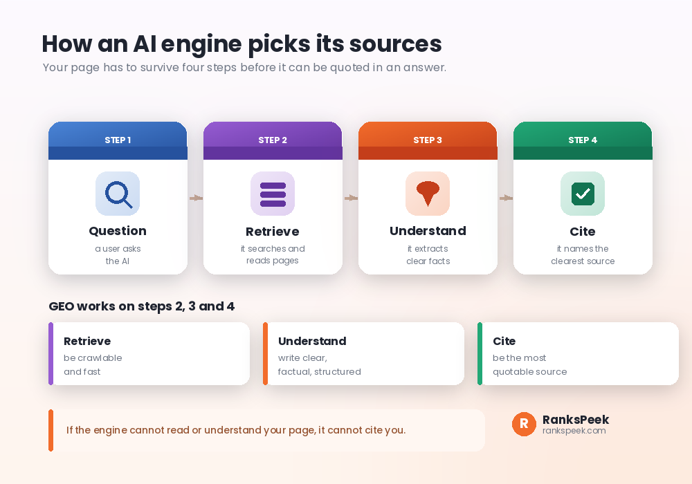 Four step pipeline showing how an AI engine retrieves, understands and cites a source