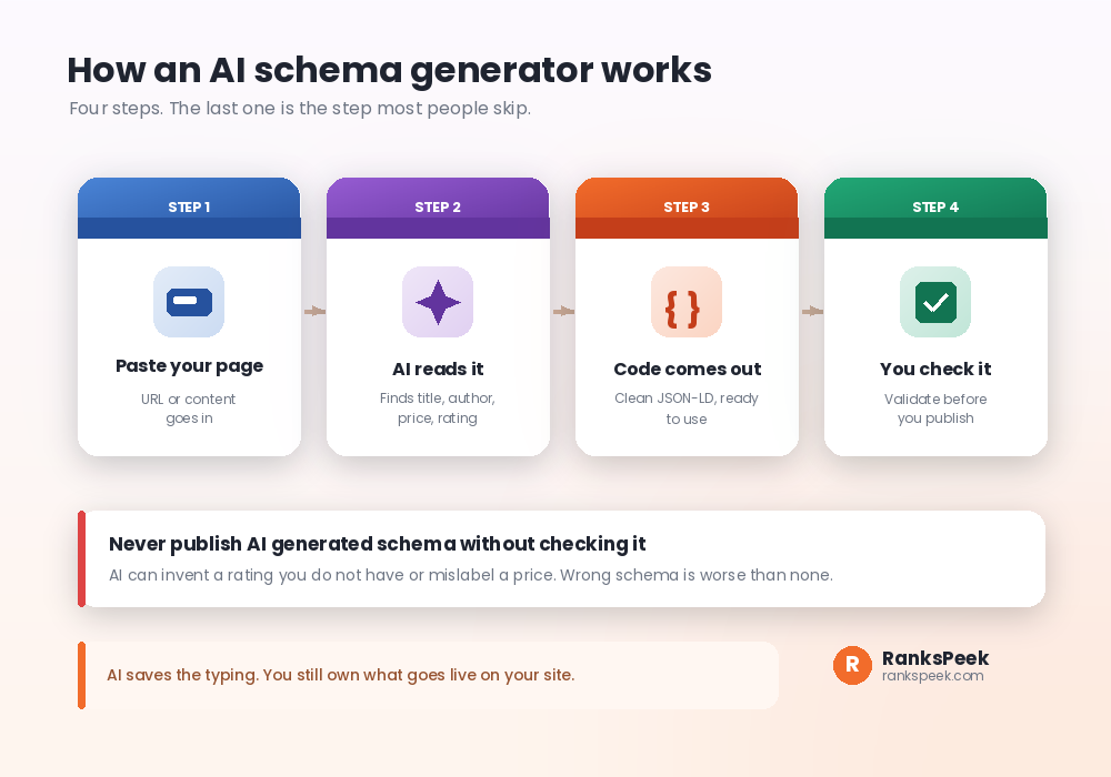 Four steps showing how an AI schema markup generator produces JSON-LD code