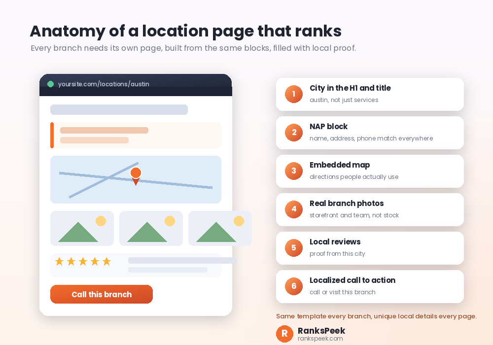 Multi-location SEO location page anatomy with NAP block, map, photos and reviews
