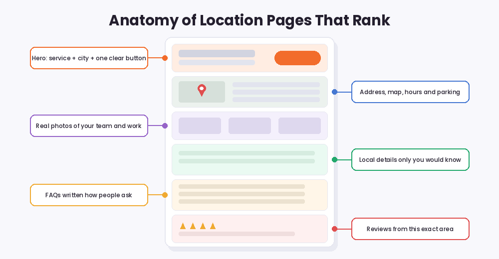 Anatomy of location pages that rank: hero with a clear button, address and map, real photos, local details, FAQs and local reviews