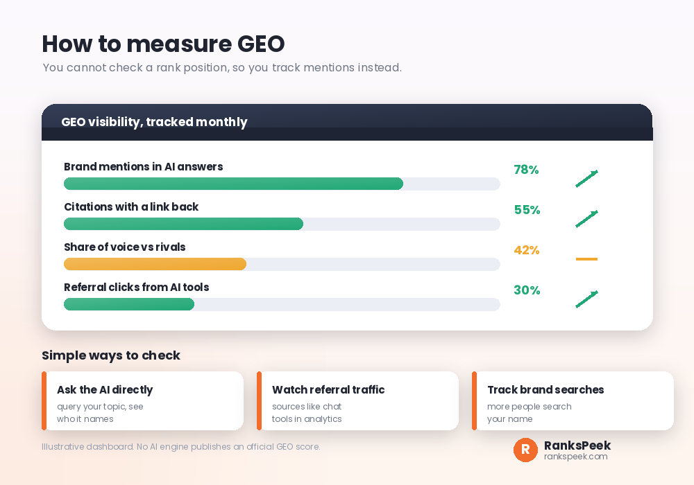 Illustrative dashboard tracking AI mentions, citations and referral clicks for GEO