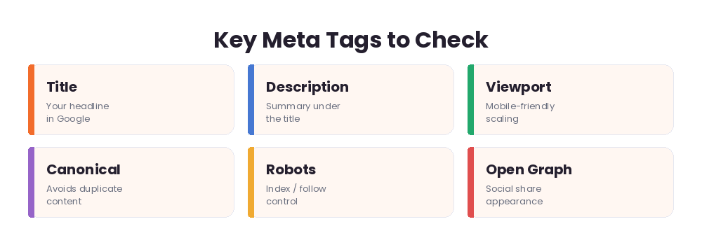 Key meta tags to check: title, description, viewport, canonical, robots and Open Graph