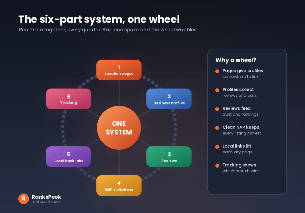 Six part local SEO system wheel with pages, profiles, reviews, NAP, links and tracking
