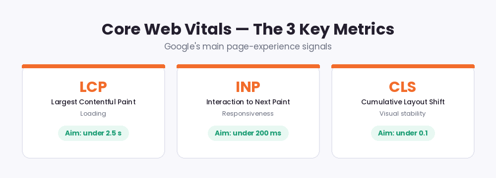 Core Web Vitals: LCP under 2.5 seconds, INP under 200 milliseconds, CLS under 0.1