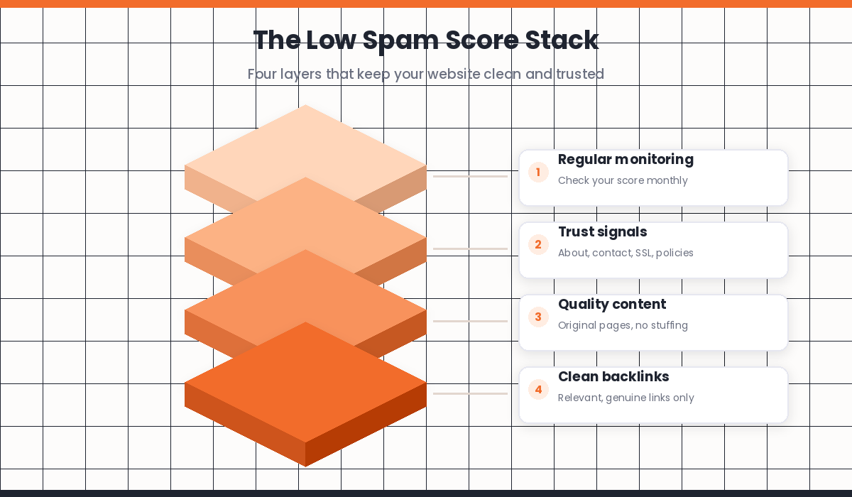 Isometric layers showing the four levels of protection that keep a website spam score low