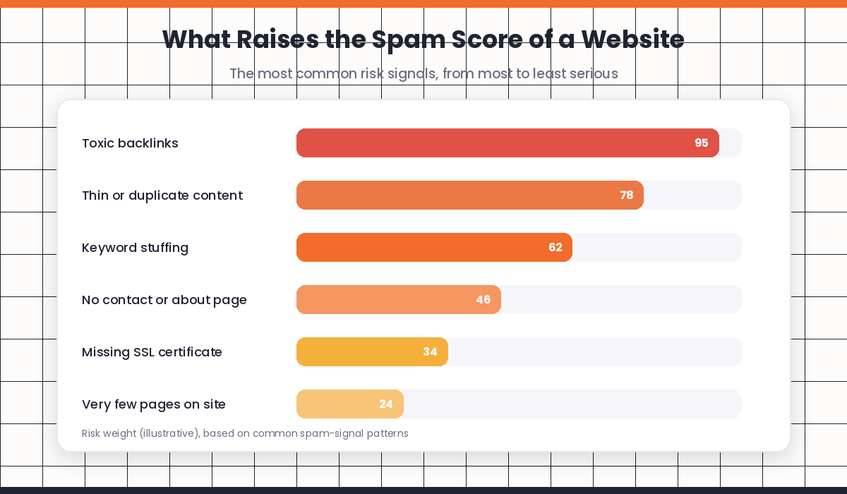 Bar chart showing the most common signals that raise the spam score of a website
