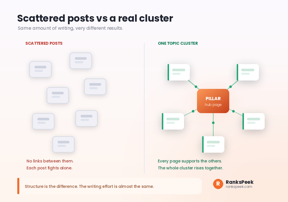Scattered blog posts compared with one connected topic cluster