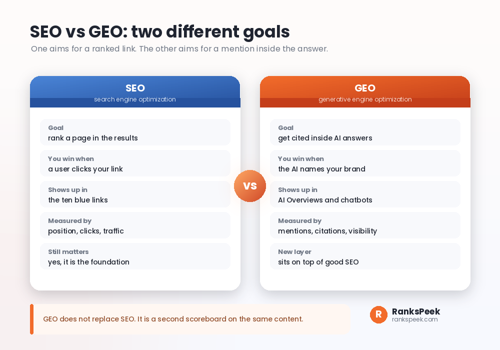 Generative Engine Optimization GEO definition compared with SEO, links versus AI citations