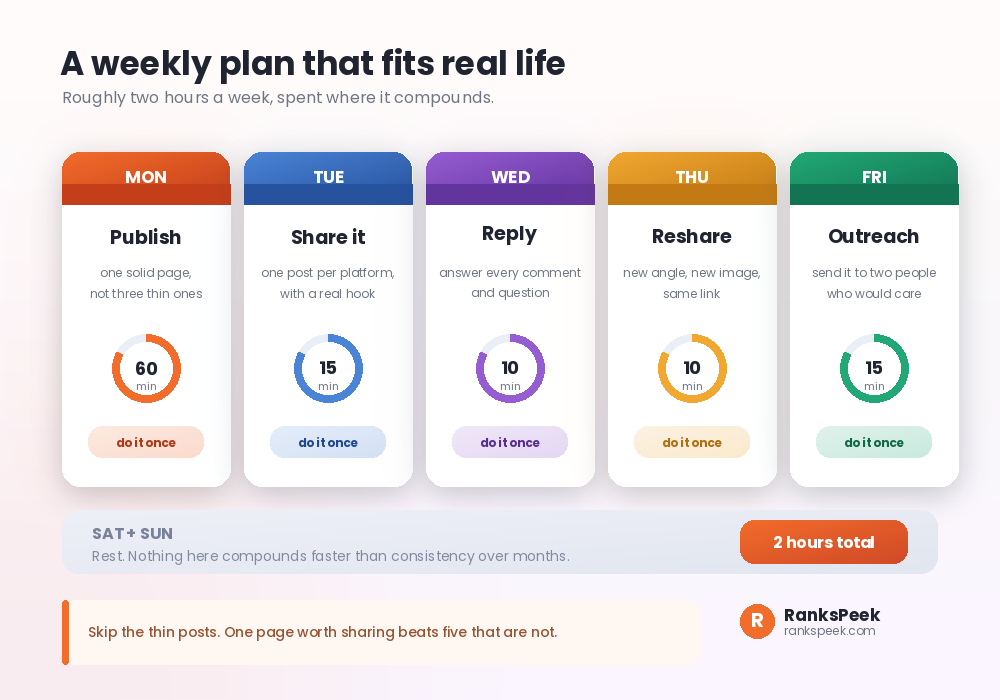 Weekly social media plan for SEO with publish, share, reply, reshare and outreach days