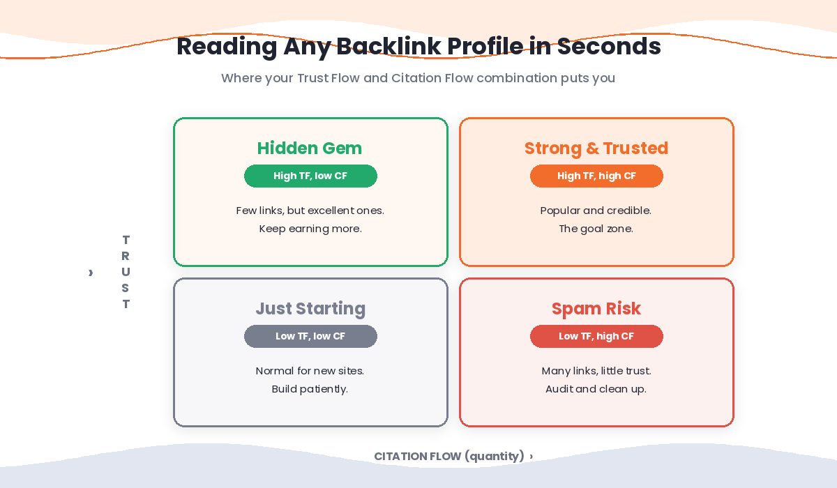 Quadrant matrix showing what trust flow and citation flow combinations mean for a website