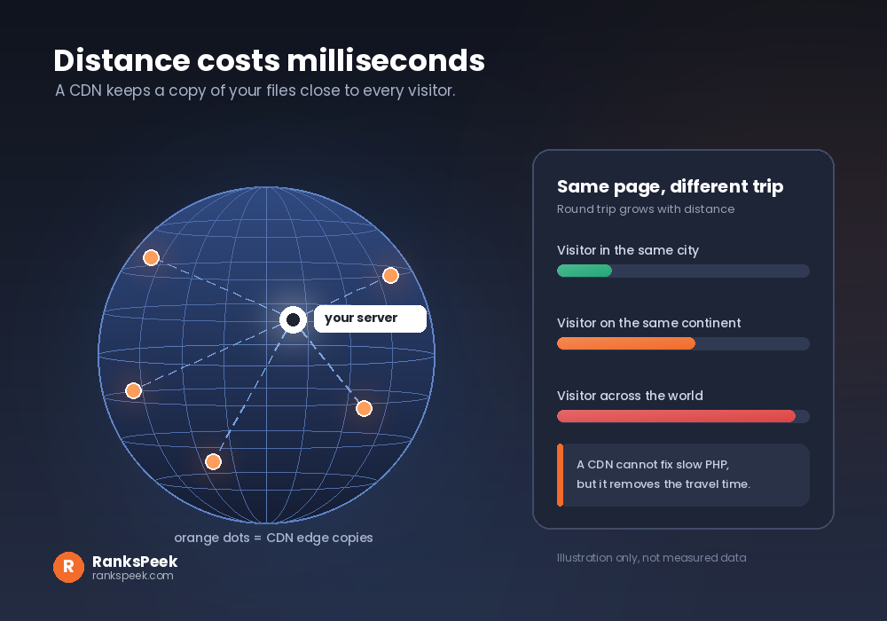Globe showing CDN edge copies close to visitors while the origin server sits far away