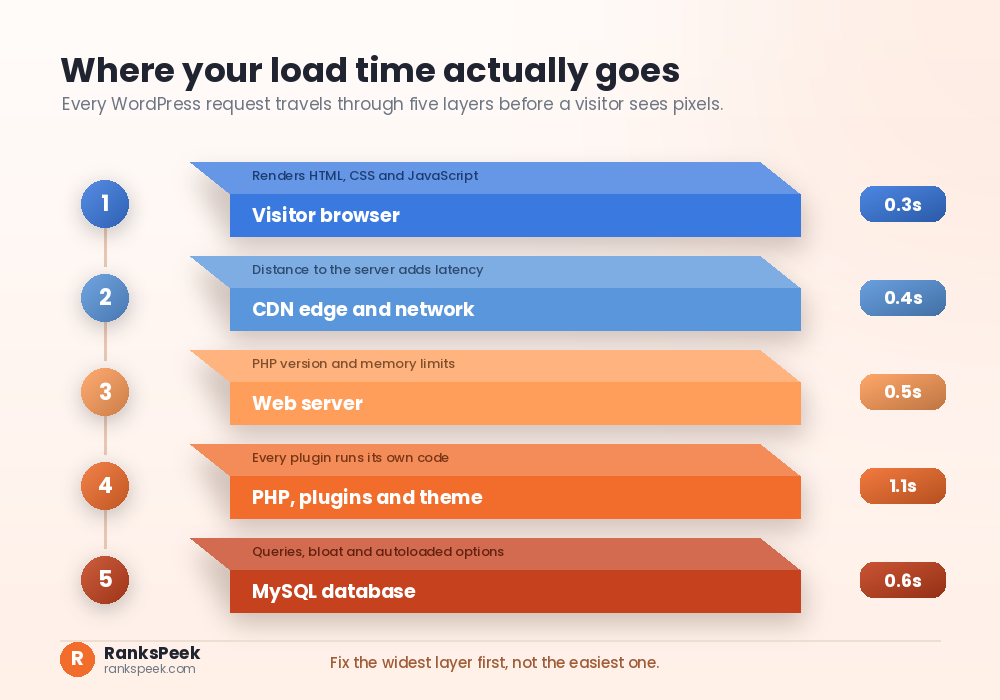 Why is my website so slow WordPress diagram showing the five layers of a WordPress request